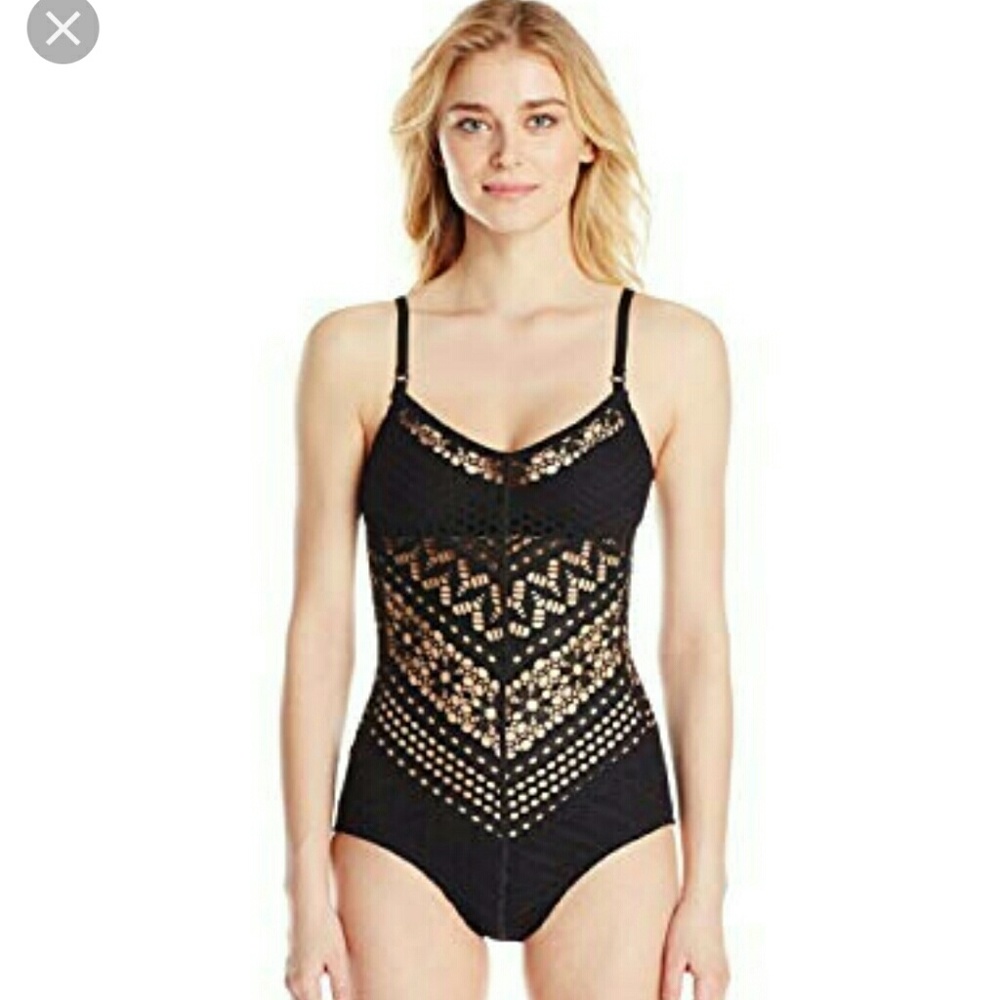 Robin Piccone size 12 black crochet one piece swim